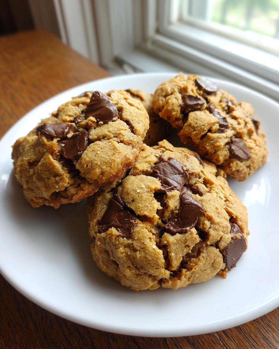A close-up of four Irresistible Peanut Butter Chocolate Chip Cookies on a white plate, with chunks of chocolate visible.
