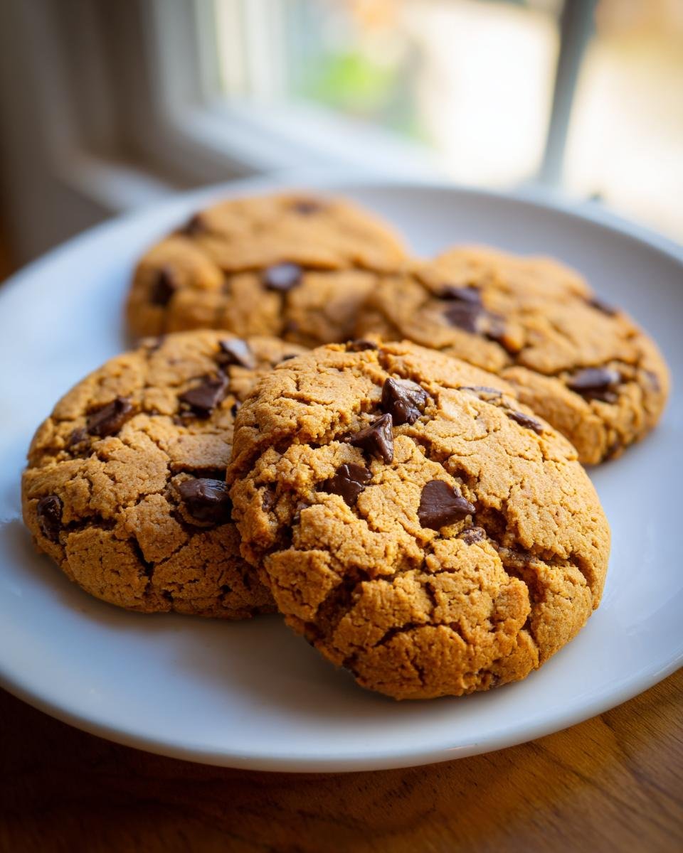Close-up of Irresistible Peanut Butter Chocolate Chip Cookies on a white plate, showing rich chocolate chunks.