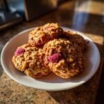 A close-up of Irresistible Raspberry Crumble Cookies on a white plate, featuring visible raspberries.