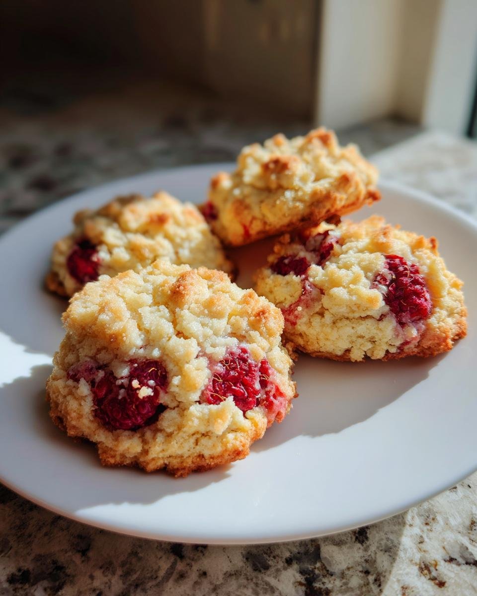 Close-up of four Irresistible Raspberry Crumble Cookies on a white plate, showing fresh raspberries baked into the crumbly cookie dough.