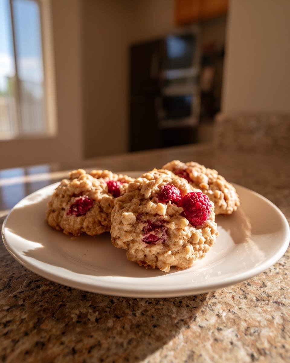 Three Irresistible Raspberry Crumble Cookies on a white plate, with fresh raspberries visible.