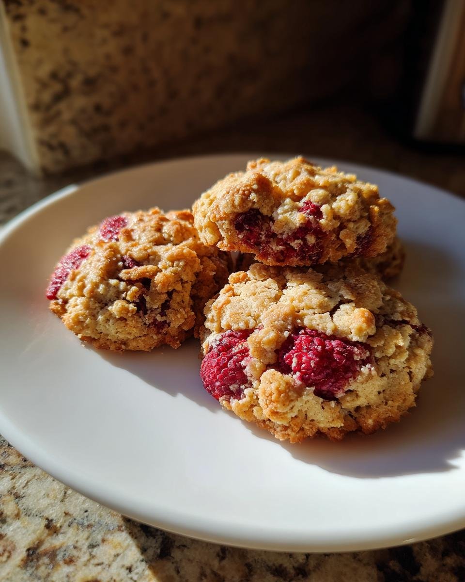 Close-up of three Irresistible Raspberry Crumble Cookies on a white plate, showcasing fresh raspberries within the crumbly texture.