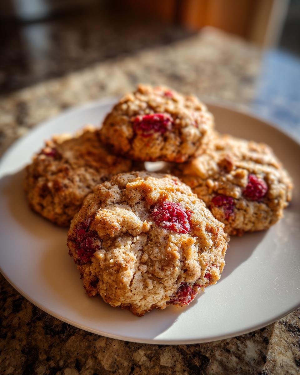 A close-up of Irresistible Raspberry Crumble Cookies on a white plate, showcasing the texture and fresh raspberries.