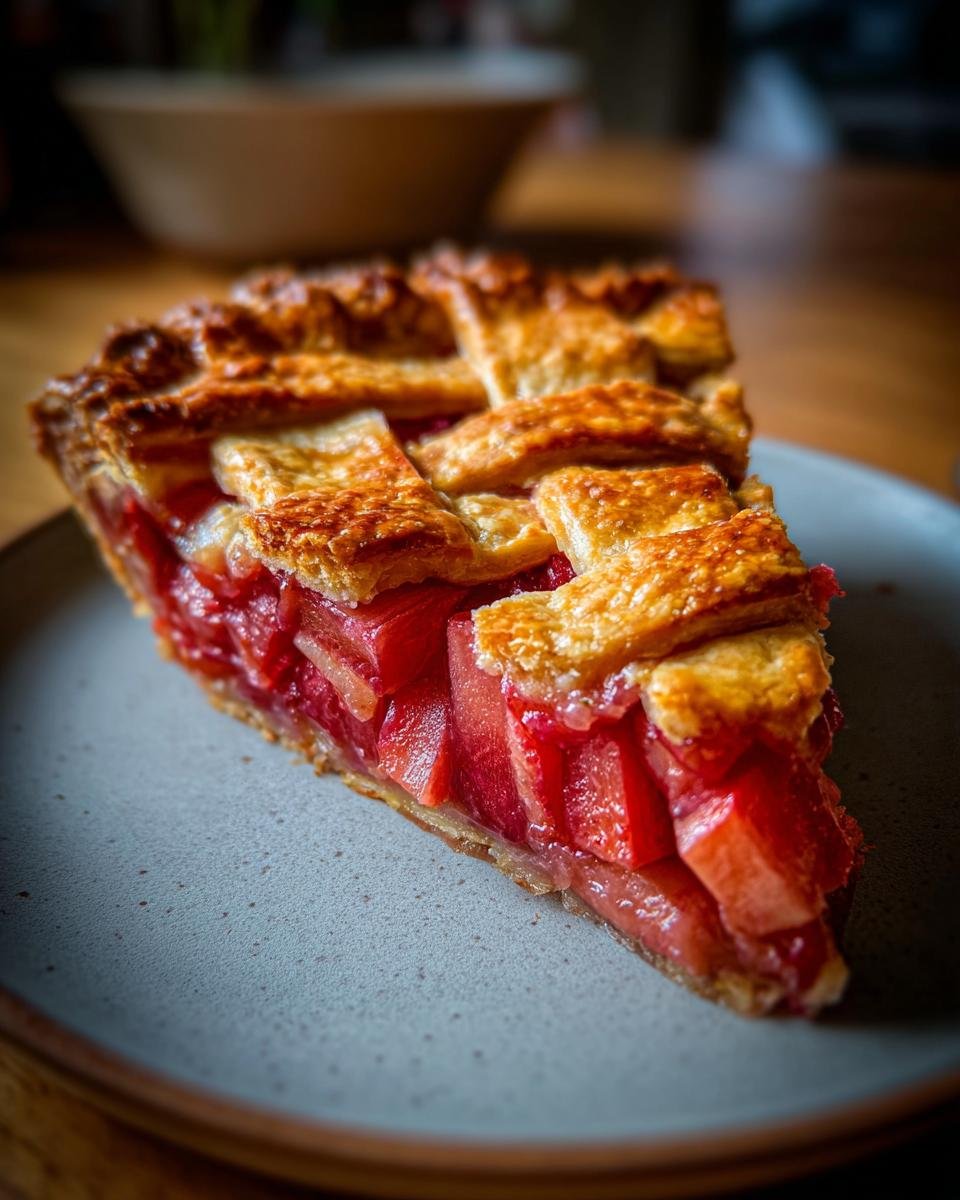 A close-up of a slice of Irresistible Rhubarb Pie with a golden lattice crust and vibrant pink filling.