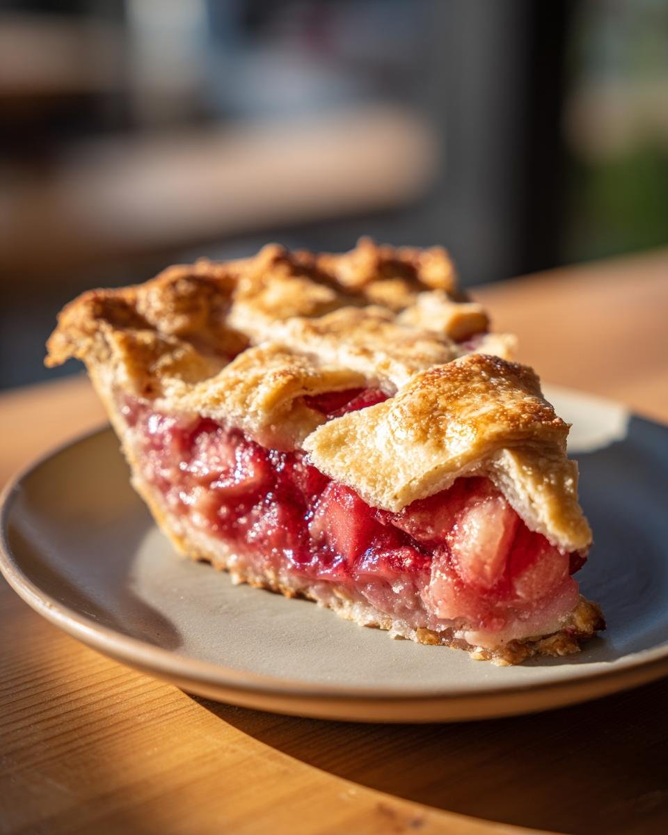 A close-up of a slice of Irresistible Rhubarb Pie, showcasing the flaky golden crust and vibrant pink filling.