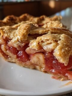A close-up of a slice of Irresistible Rhubarb Pie, showcasing the flaky crust and vibrant pink filling.
