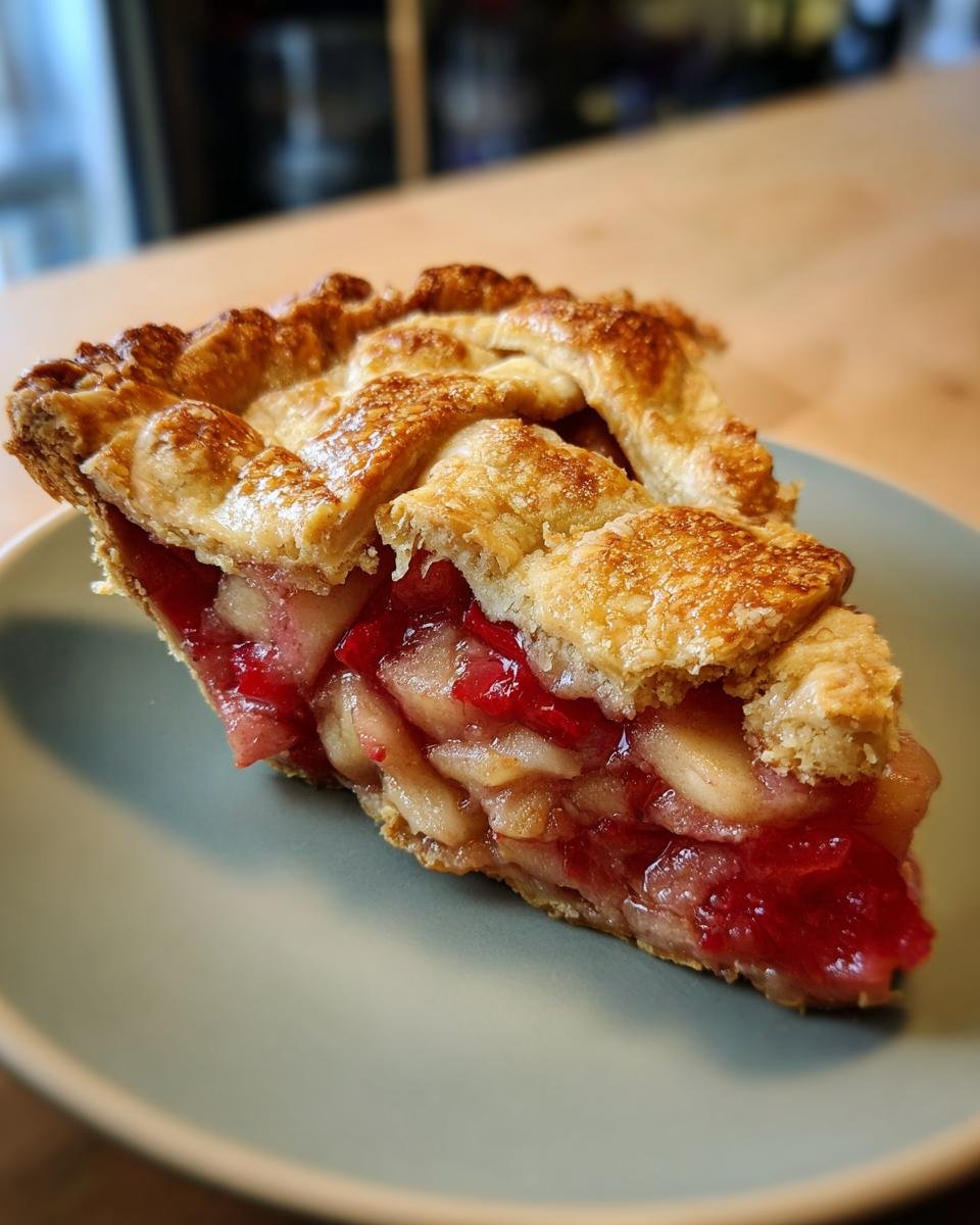 A close-up of a slice of Irresistible Rhubarb Pie, showcasing the flaky lattice crust and vibrant red filling.