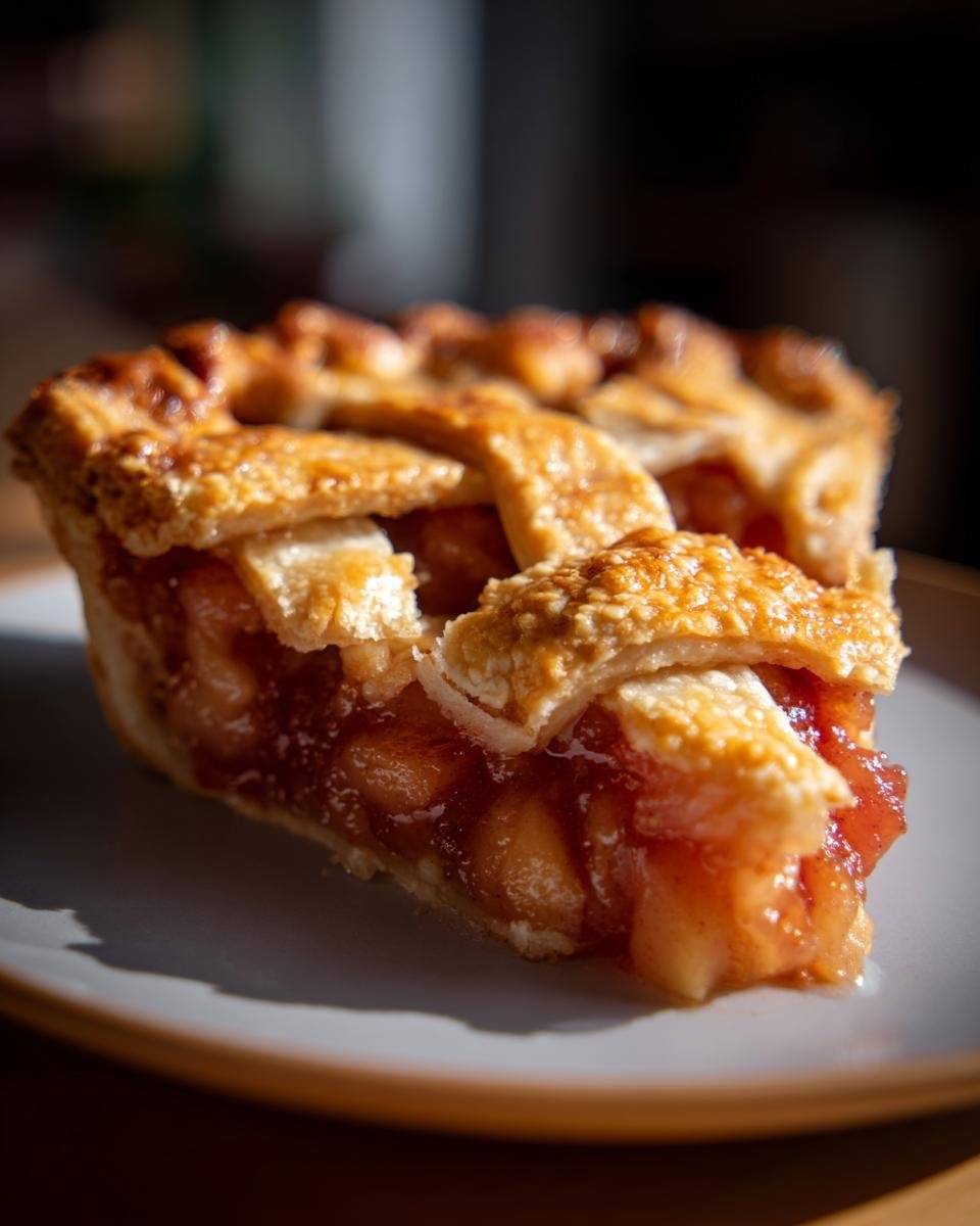 A close-up of a slice of Irresistible Rhubarb Pie with a golden lattice crust, showing the sweet, tender filling.