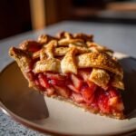 A close-up of a slice of Irresistible Rhubarb Pie, featuring a golden lattice crust and a glistening, fruit-filled interior.