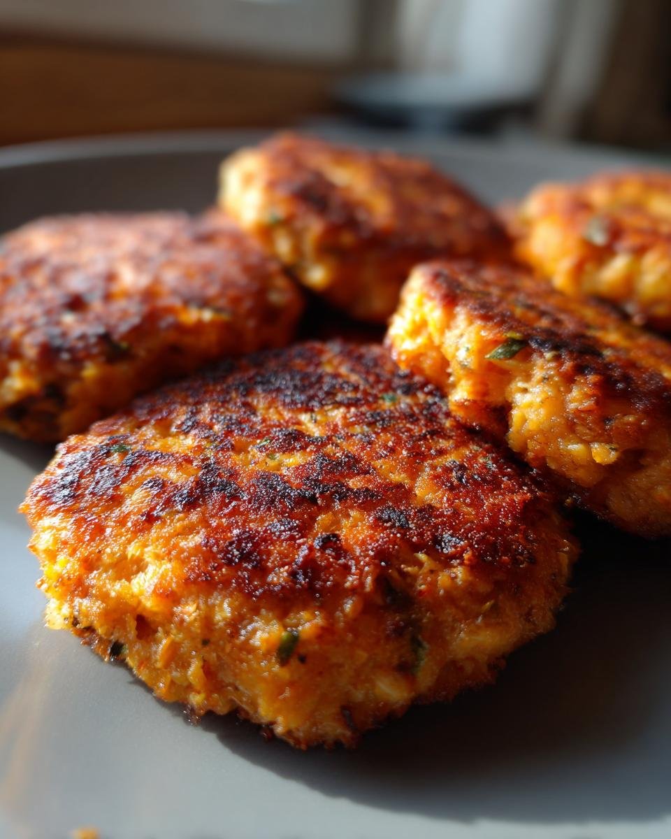 Close-up of golden-brown, pan-fried salmon cakes made with canned salmon, served on a grey plate.