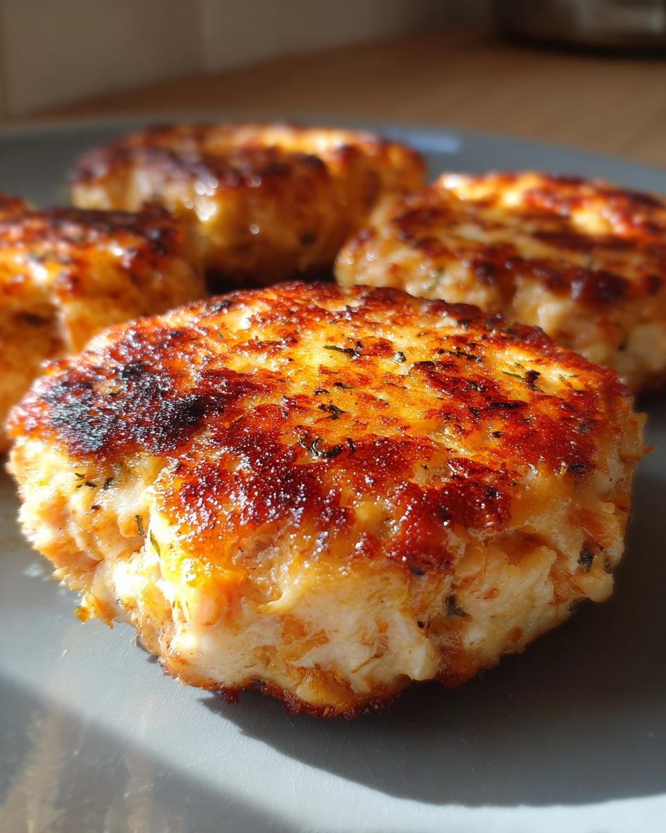 Close-up of golden-brown, pan-fried salmon cakes made with canned salmon, seasoned with herbs.