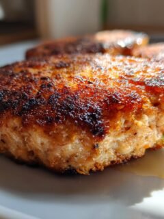 Close-up of golden-brown, pan-fried Irresistible Salmon Cakes With Canned Salmon Recipe on a white plate.