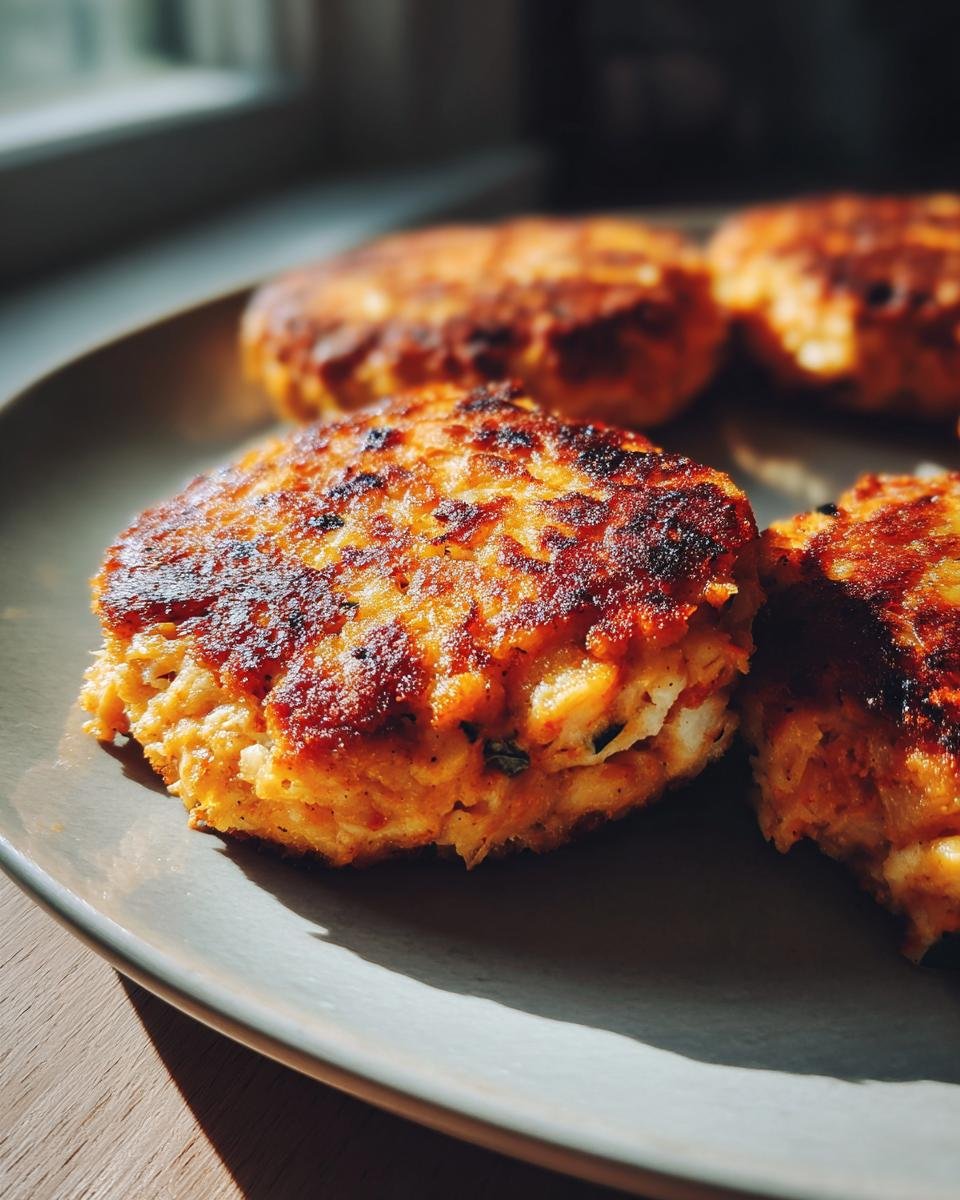 Close-up of golden-brown, pan-fried Irresistible Salmon Cakes With Canned Salmon Recipe on a plate.