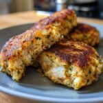 Close-up of Irresistible Salmon Cakes With Canned Salmon Recipe, one cake is broken in half revealing flaky salmon inside.