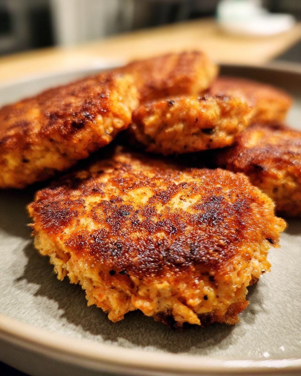 Close-up of golden-brown, pan-fried Irresistible Salmon Cakes made with canned salmon on a plate.