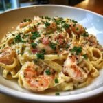 A close-up of Irresistible Shrimp Alfredo Fettuccine Creamy Recipe, featuring plump shrimp and fettuccine pasta coated in rich alfredo sauce, garnished with parsley and parmesan.