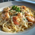 A close-up of Irresistible Shrimp Alfredo Fettuccine Creamy Recipe, featuring plump shrimp and fettuccine pasta coated in a rich, creamy sauce, garnished with parsley.