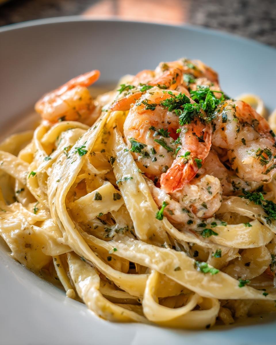 Close-up of Irresistible Shrimp Alfredo Fettuccine Creamy Recipe, featuring plump shrimp and rich alfredo sauce.