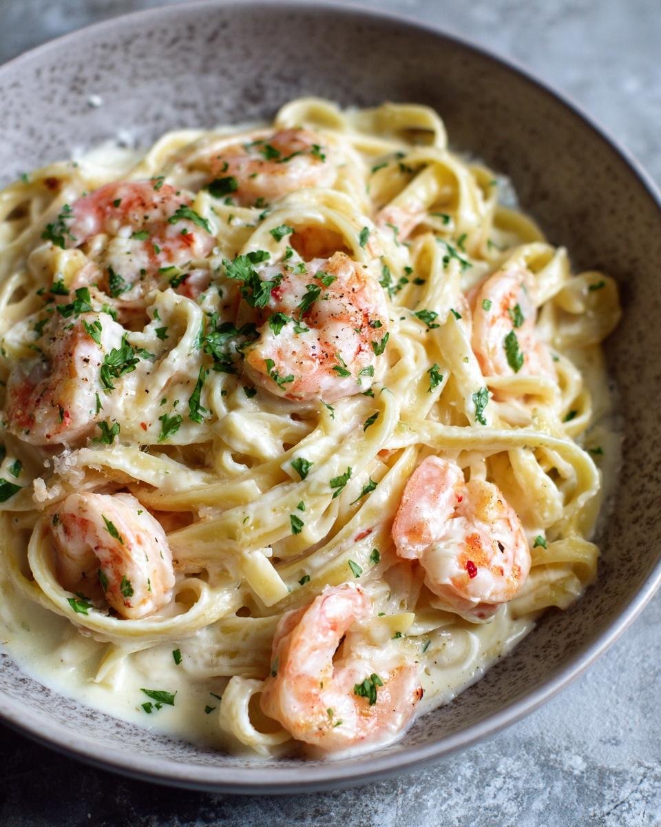 Close-up of Irresistible Shrimp Alfredo Fettuccine Creamy Recipe in a bowl, garnished with parsley.