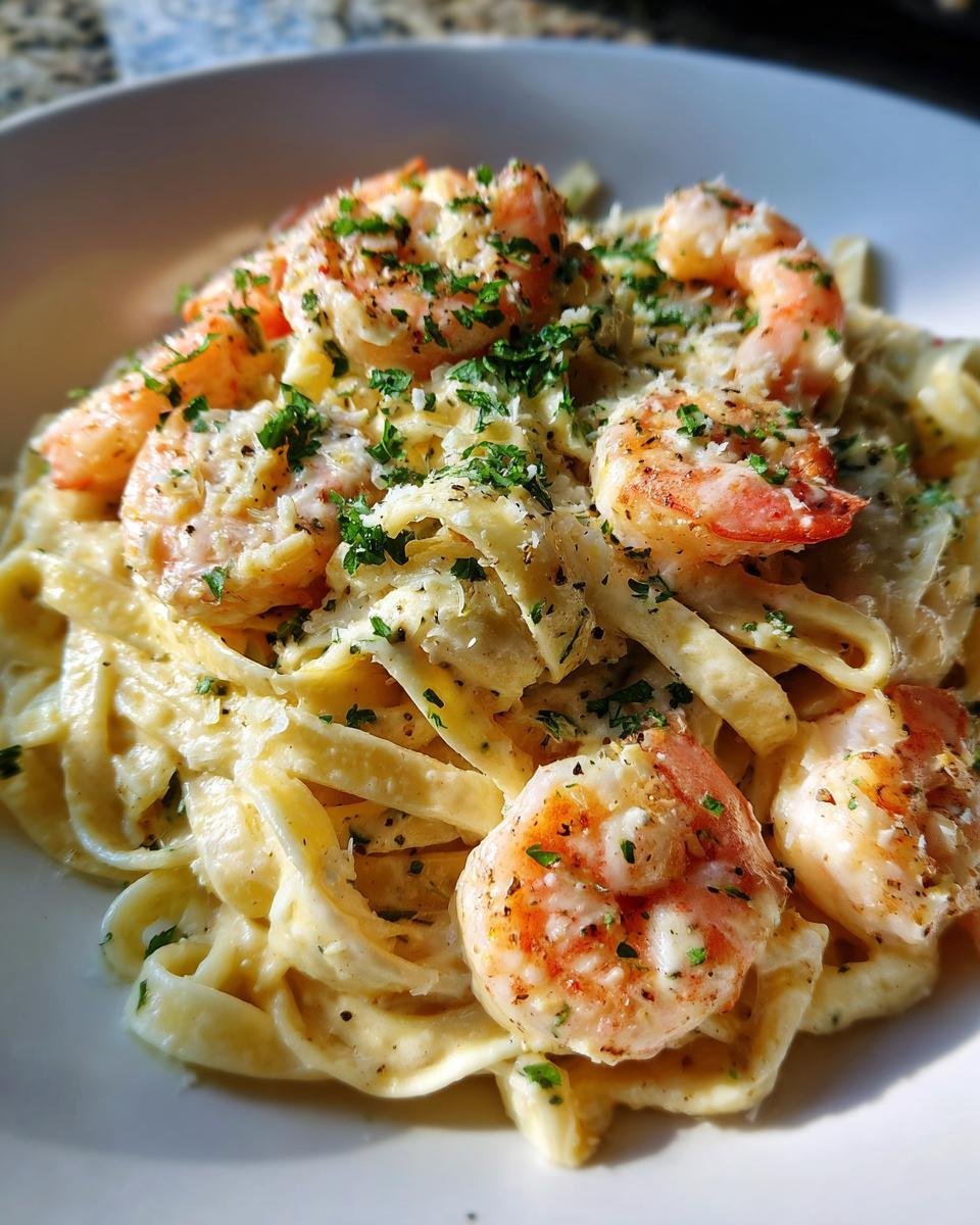 A close-up of Irresistible Shrimp Alfredo Fettuccine Creamy Recipe, featuring plump shrimp and fettuccine pasta coated in a rich, creamy sauce, garnished with parsley and Parmesan.
