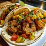Close-up of Irresistible Shrimp Tacos With Pineapple Salsa, featuring grilled shrimp and vibrant salsa.