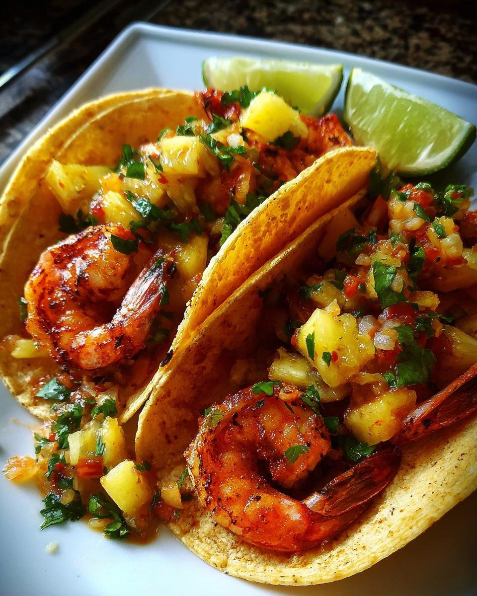Close-up of two Irresistible Shrimp Tacos With Pineapple Salsa, topped with juicy shrimp and fresh salsa, served with lime wedges.