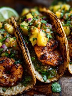 Close-up of Irresistible Shrimp Tacos With Pineapple Salsa, featuring grilled shrimp and fresh pineapple salsa on tortillas.