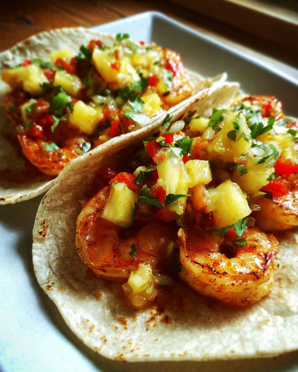 Close-up of two Irresistible Shrimp Tacos With Pineapple Salsa, featuring grilled shrimp and fresh pineapple salsa.