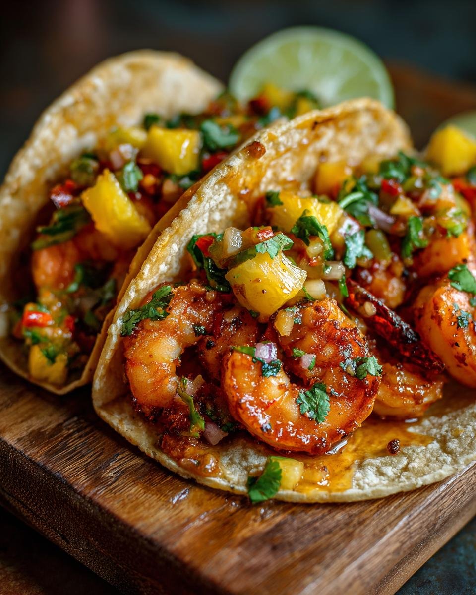 Close-up of two Irresistible Shrimp Tacos topped with vibrant pineapple salsa and fresh cilantro.