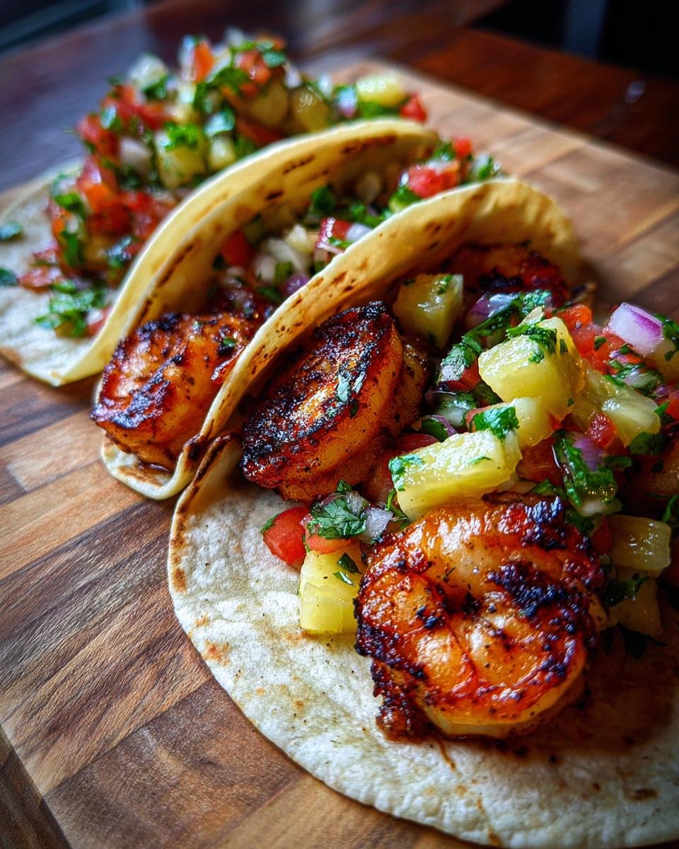 Close-up of Irresistible Shrimp Tacos With Pineapple Salsa on a wooden board, featuring grilled shrimp and fresh salsa.
