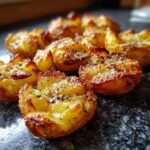 Close-up of Irresistible Smashed Potatoes, perfectly crispy and seasoned with salt and herbs.