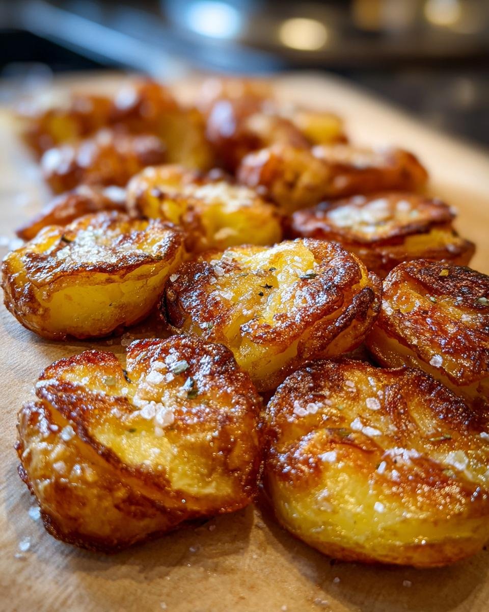Close-up of Irresistible Smashed Potatoes, golden brown and crispy, sprinkled with sea salt.