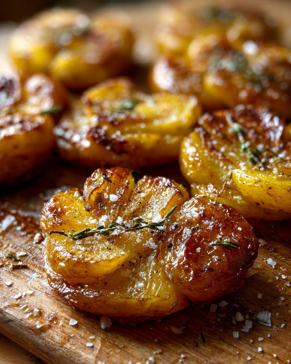 Close-up of golden brown, crispy smashed potatoes seasoned with salt and herbs, a perfect comfort food.