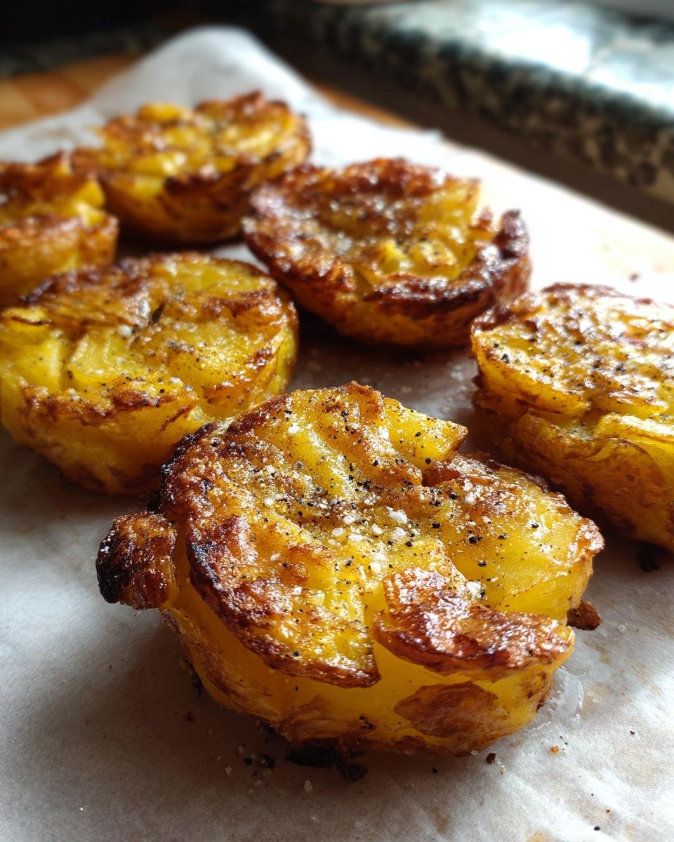 Close-up of golden brown, crispy smashed potatoes seasoned with salt and pepper, perfect for a comfort food recipe.