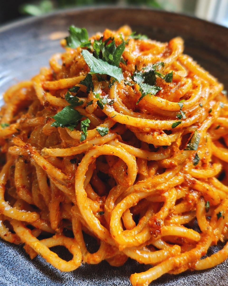 A close-up of Irresistible Smoked Cream Cheese Pasta, twirled and garnished with fresh parsley and grated cheese.