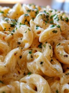 Close-up of Irresistible Smoked Cream Cheese Pasta, showing creamy sauce coating elbow macaroni and sprinkled with parsley.