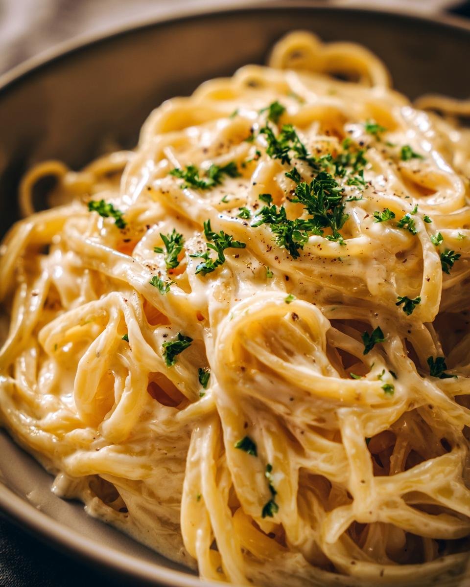 Close-up of Irresistible Smoked Cream Cheese Pasta, coated in creamy sauce and garnished with parsley.