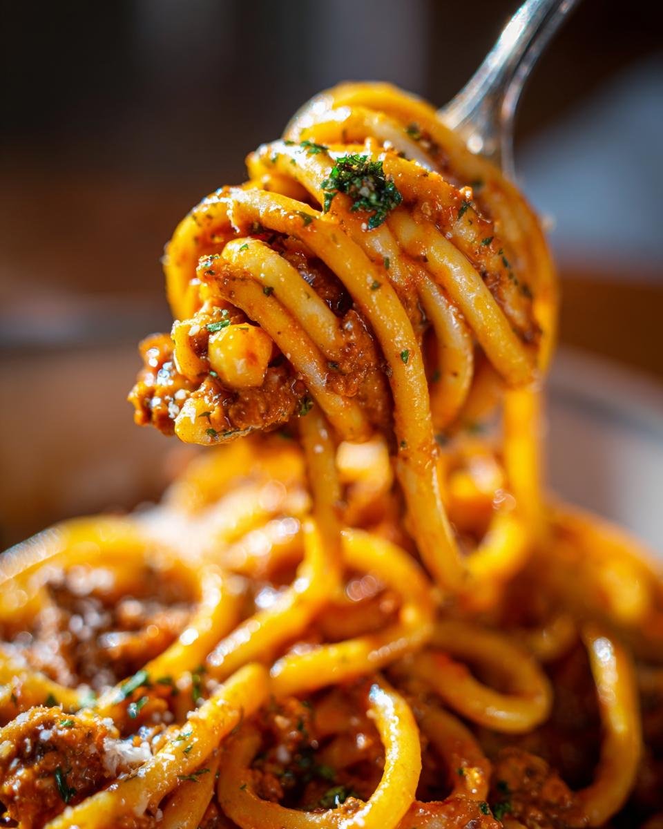 A fork twirls a generous portion of Irresistible Smoked Cream Cheese Pasta, coated in rich sauce and garnished with parsley.