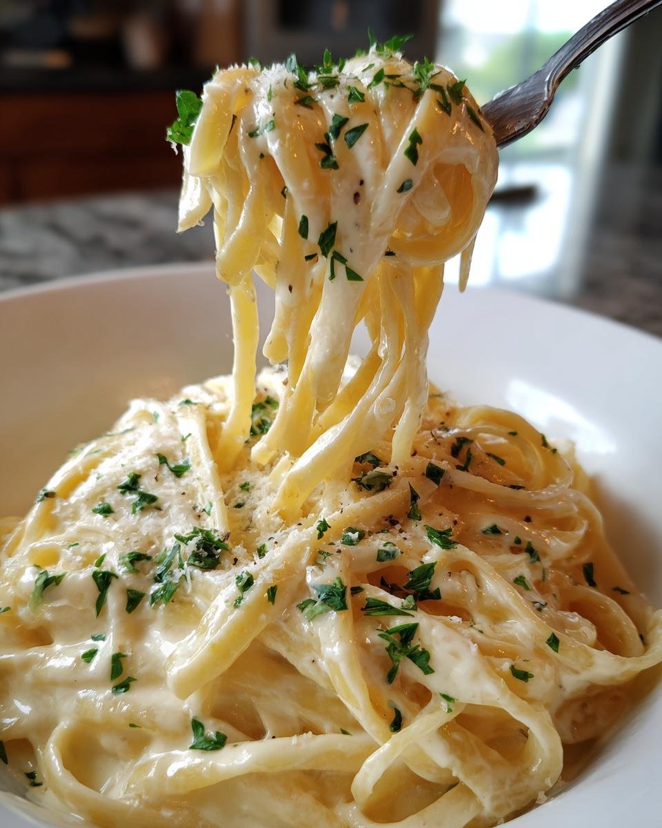 Close-up of a fork lifting a swirl of Irresistible Smoked Cream Cheese Pasta, garnished with parsley and Parmesan.