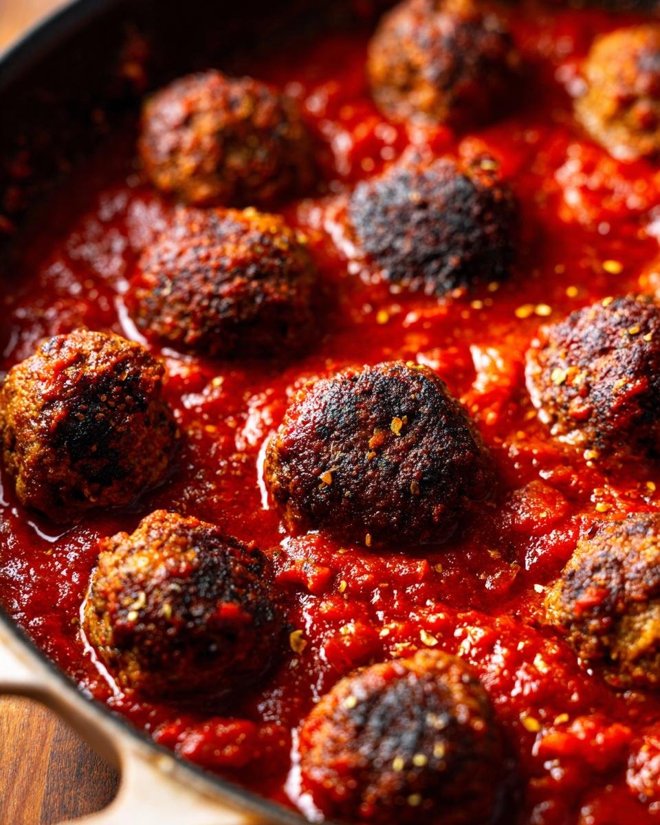 Close-up of Irresistible Smoked Italian Meatballs simmering in a rich, red tomato sauce.