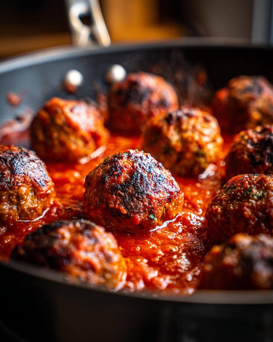 Close-up of Irresistible Smoked Italian Meatballs simmering in a rich tomato sauce in a pan.