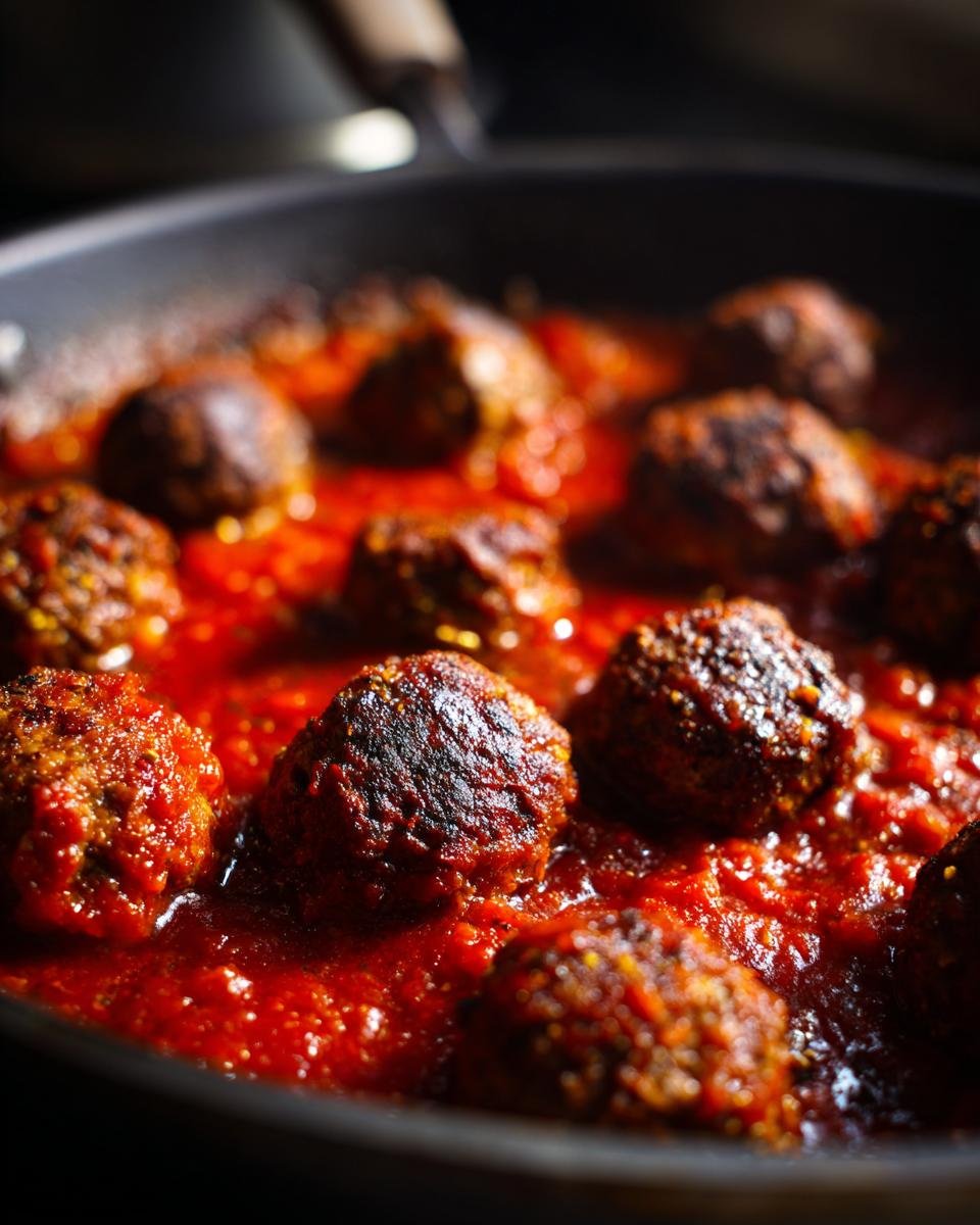 Close-up of Irresistible Smoked Italian Meatballs simmering in a rich tomato sauce in a pan.