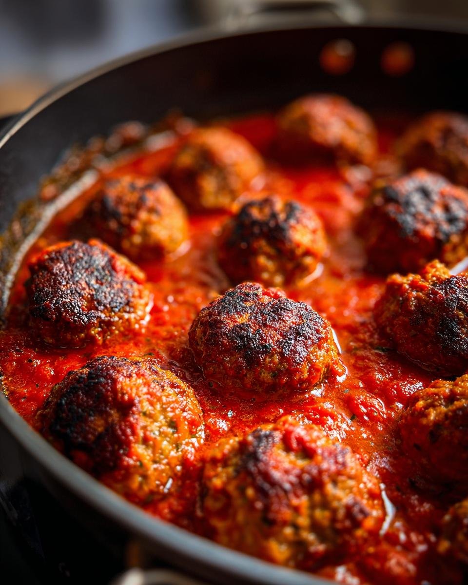 Close-up of Irresistible Smoked Italian Meatballs simmering in a rich tomato sauce in a skillet.