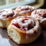 Close-up of irresistible strawberry cinnamon rolls drizzled with white glaze.