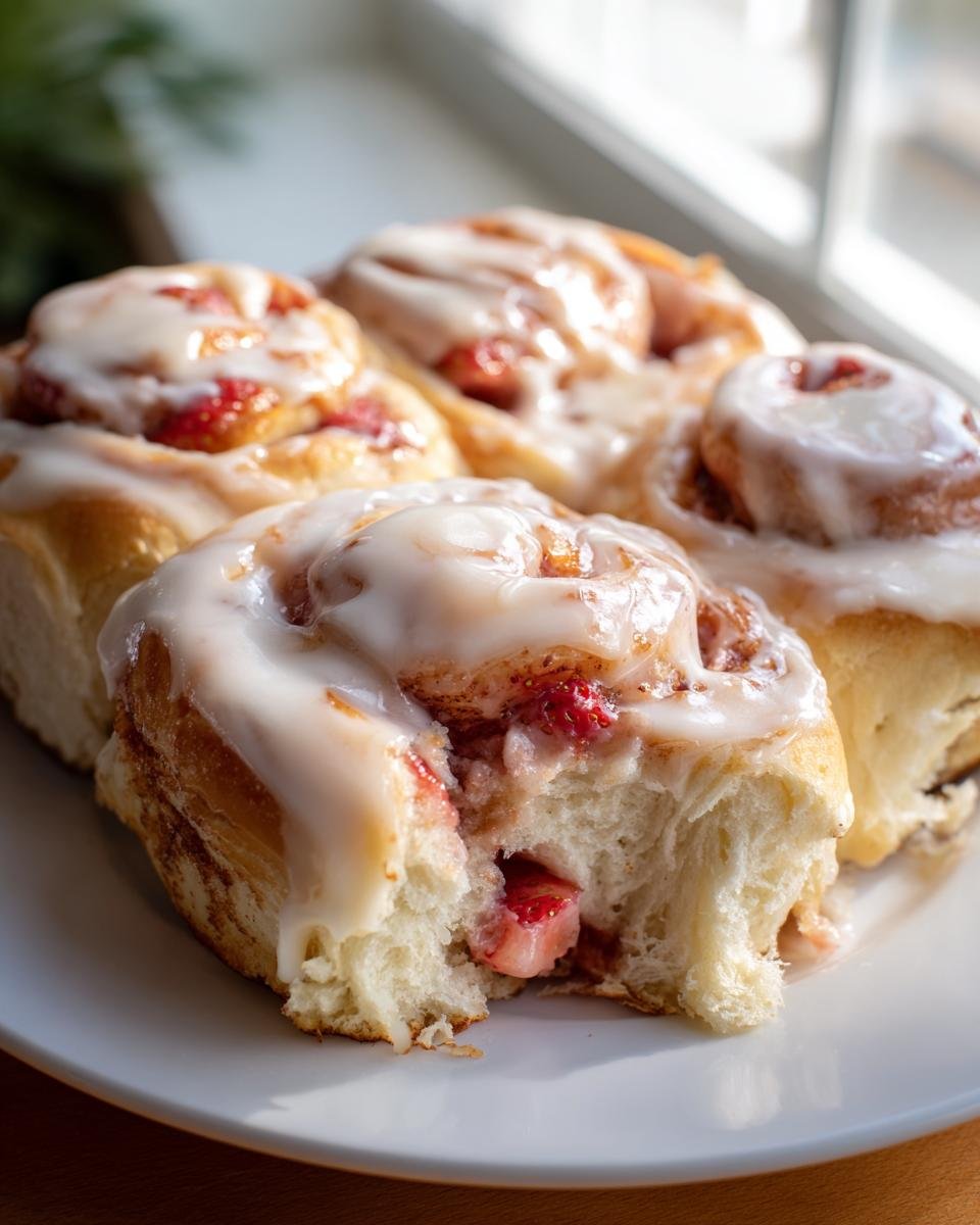 Close-up of irresistible strawberry cinnamon rolls, drizzled with white glaze and filled with fresh strawberries.