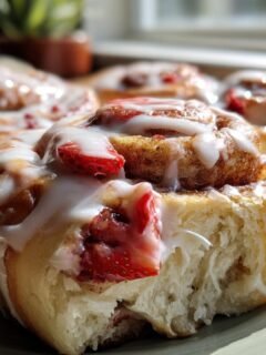 Close-up of irresistible strawberry cinnamon rolls with white icing and fresh strawberry pieces.