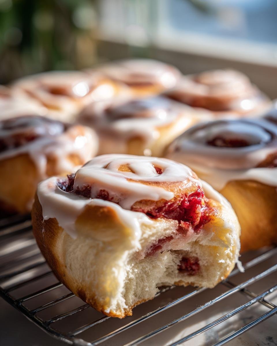Close-up of an Irresistible Strawberry Cinnamon Roll with a bite taken out, drizzled with white glaze.