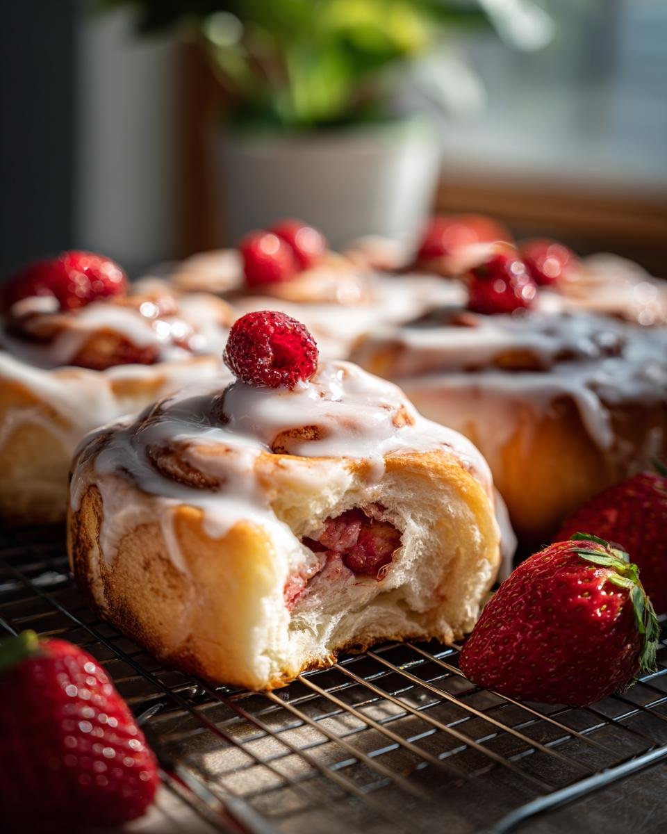Close-up of an Irresistible Strawberry Cinnamon Roll, with a bite taken out, revealing strawberry filling and drizzled with white glaze.
