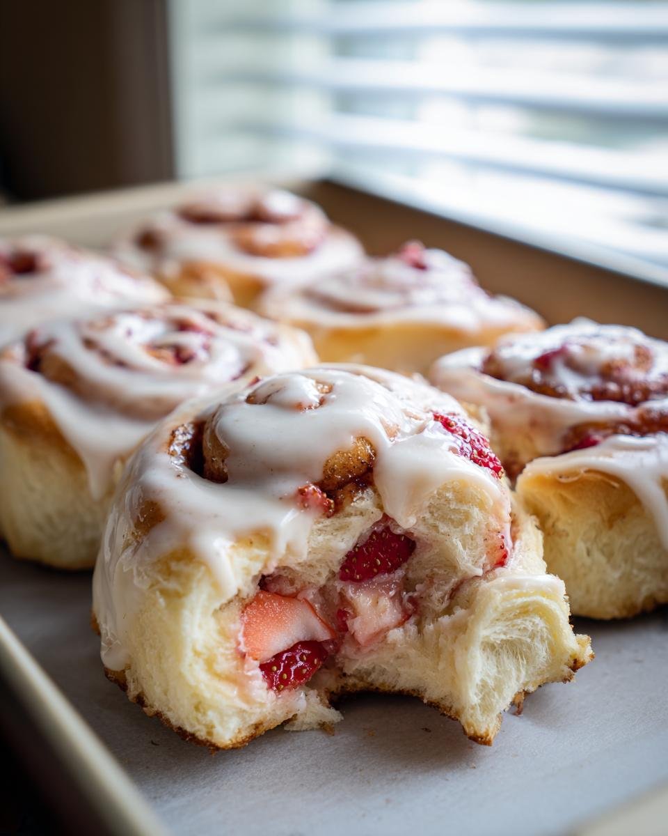 Close-up of an Irresistible Strawberry Cinnamon Roll with a bite taken out, showing fresh strawberry filling and icing.
