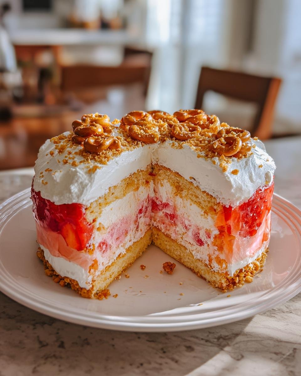 A slice of Irresistible Strawberry Crunch Cake, showing layers of cake, cream, and strawberries, topped with pretzels.